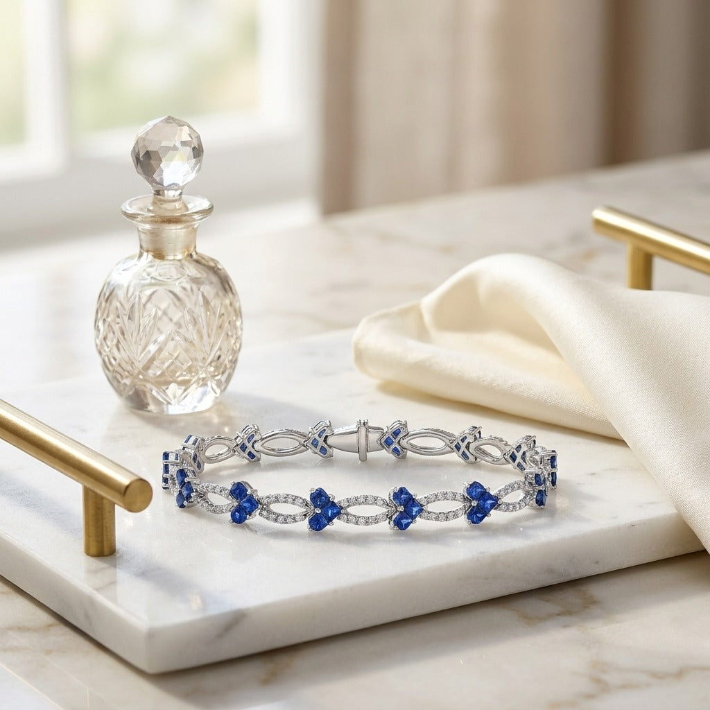 Sapphire & Diamond Composite Heart Link Bracelet in 14K White Gold - lifestyle