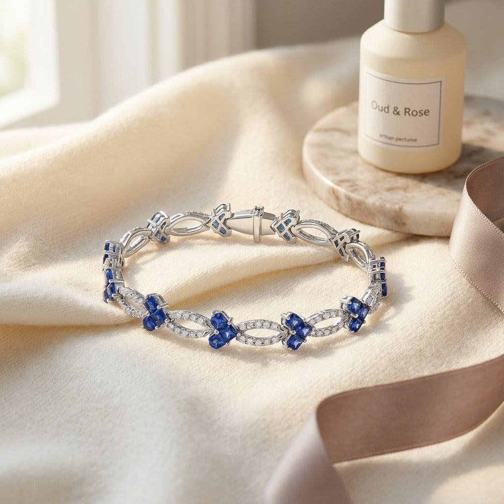 Sapphire & Diamond Composite Heart Link Bracelet in 14K White Gold - flat lay