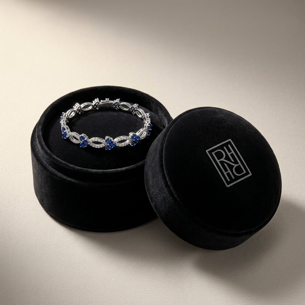 Sapphire & Diamond Composite Heart Link Bracelet in 14K White Gold - presentation