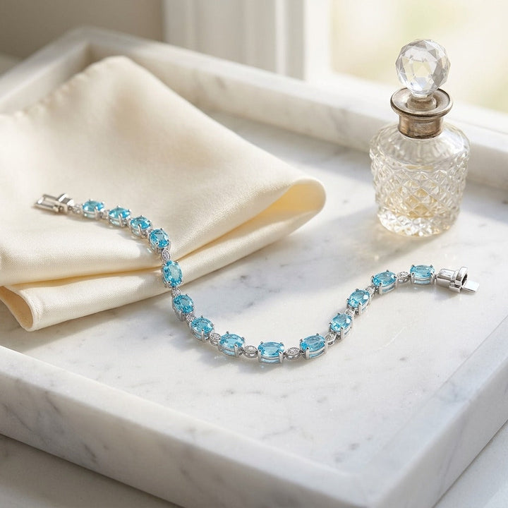Blue Topaz Oval Half-Bezel & Diamond Pave East-West Bracelet in 14K White Gold - lifestyle