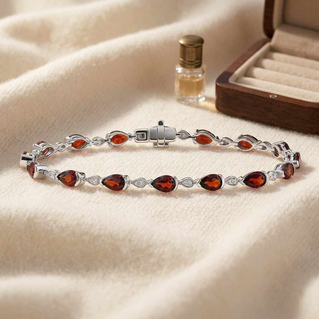 Garnet Pear-Shape & Diamond Pave East-West Bracelet in 14K White Gold - flat lay