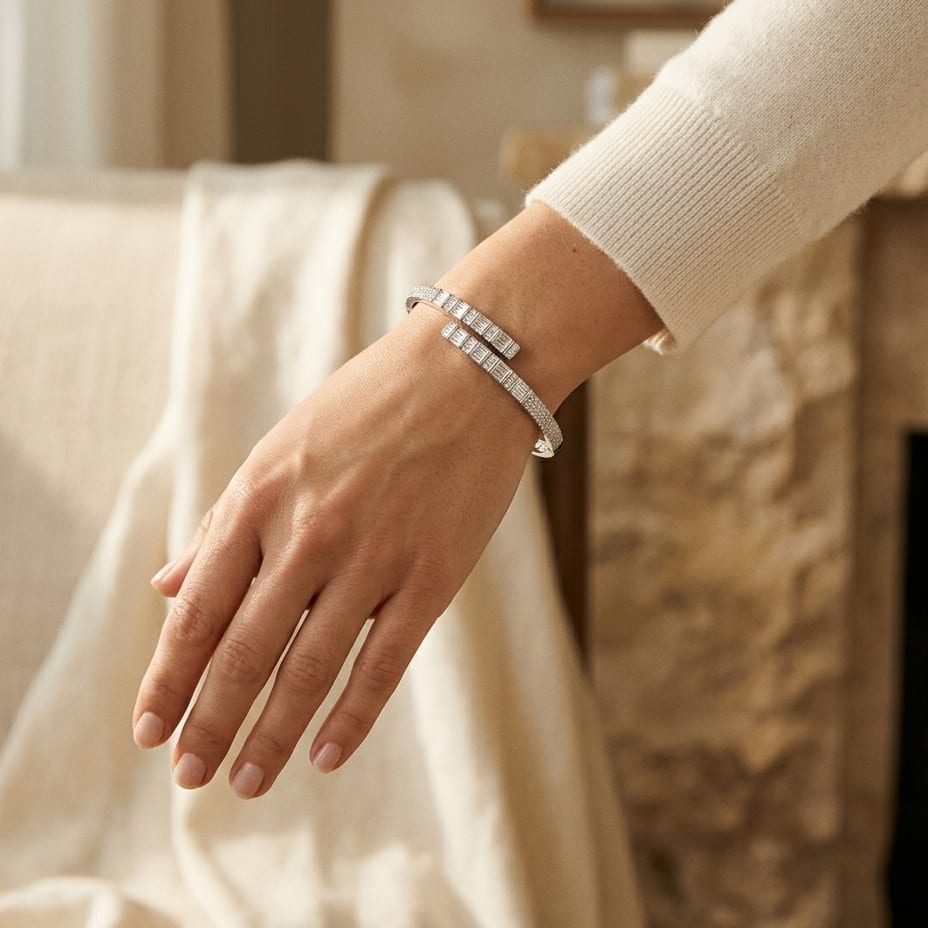 Diamond Baguette & Round Channel Overlap Bangle 1-5/8ctw in 14K White Gold - lifestyle
