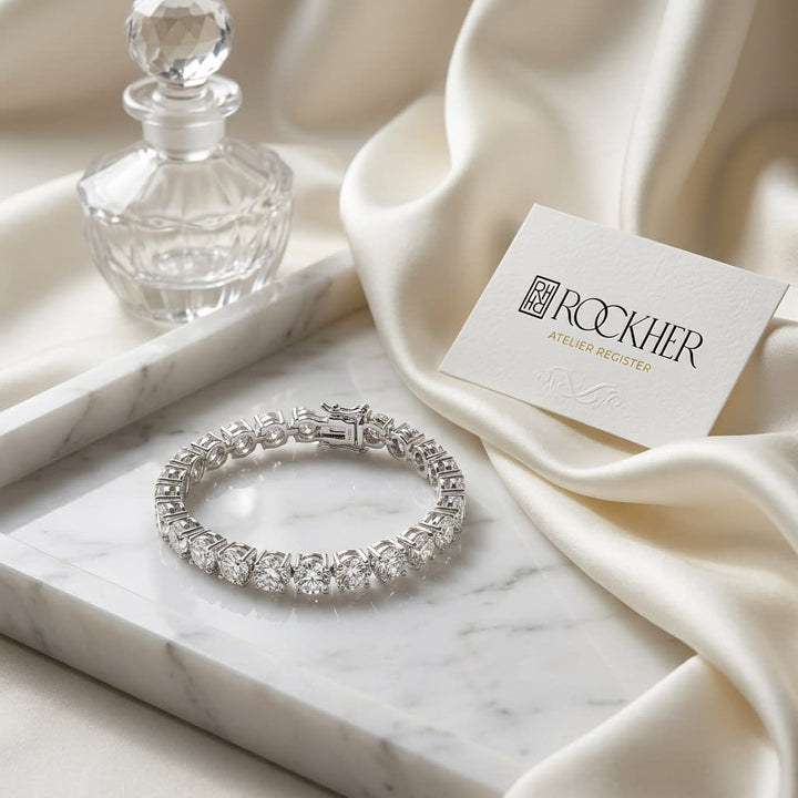Certified 14K White Gold 3-prong Lab Created Round Brilliant Diamond Tennis Bracelet, on marble vanity tray with silk