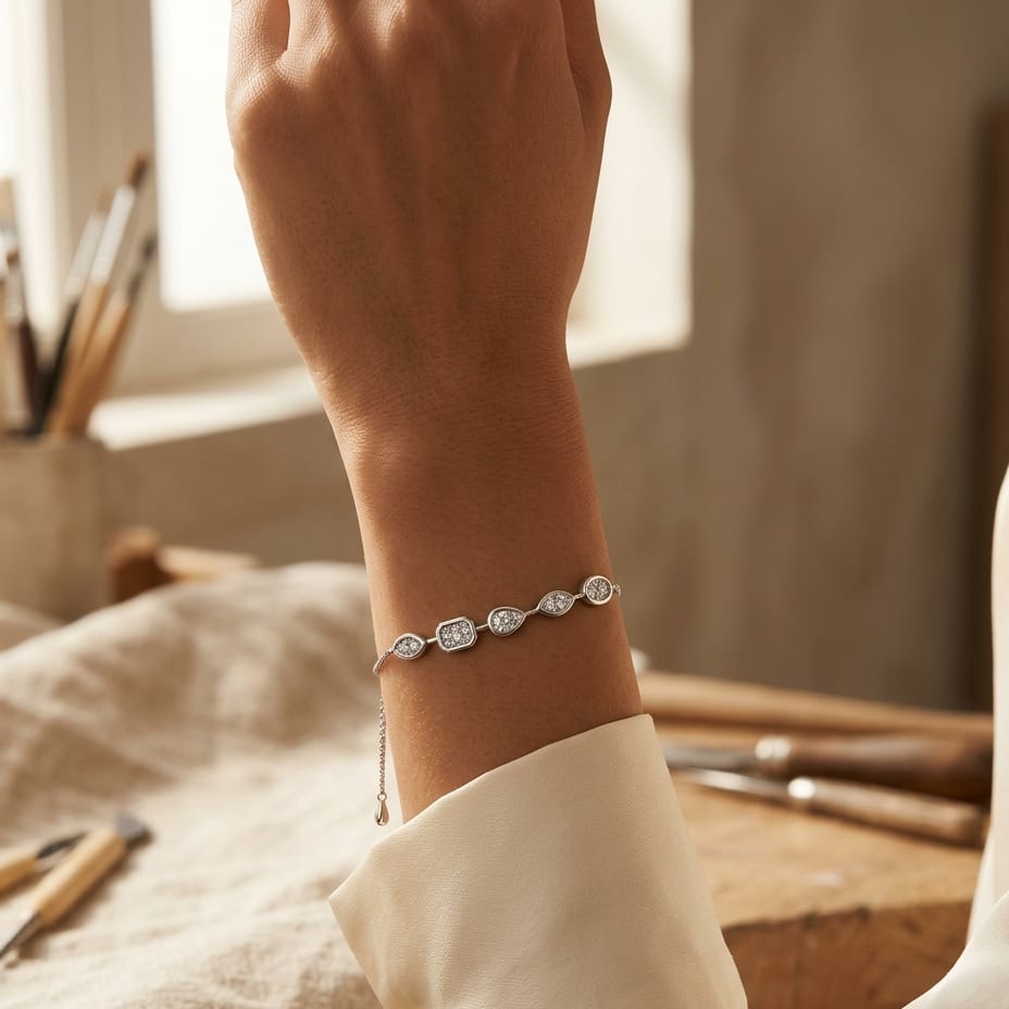 Diamond Geometric Section Bracelet 0.55ctw with Adjustable Draw String Closure 9 Inch Length in 14K White Gold - lifestyle