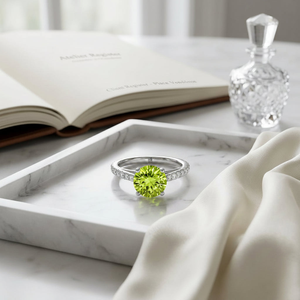 Classic 4 Prong Diamond Ring with Peridot in 14K White Gold - editorial