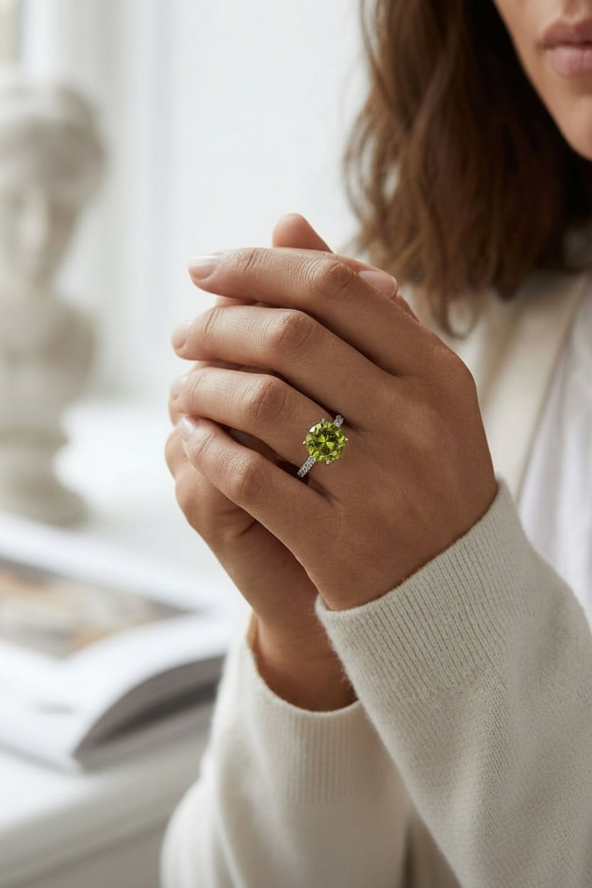 Classic 4 Prong Diamond Ring with Peridot in 14K White Gold - lifestyle