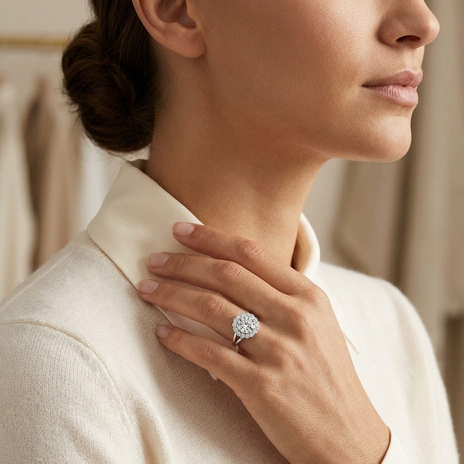 Floral Diamond Halo with Ruby Round Center in 14K White Gold - lifestyle