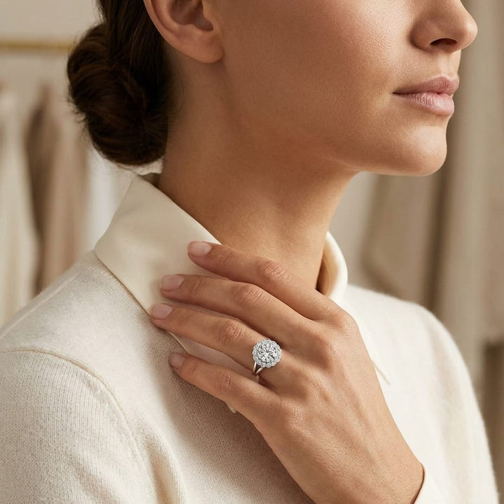 Floral Diamond Halo with Ruby Round Center in 14K White Gold - lifestyle