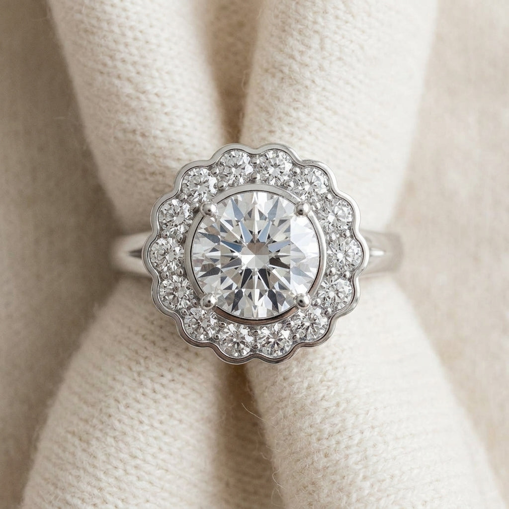 Floral Diamond Halo with Ruby Round Center in 14K White Gold - flat lay