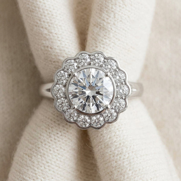 Floral Diamond Halo with Ruby Round Center in 14K White Gold - flat lay