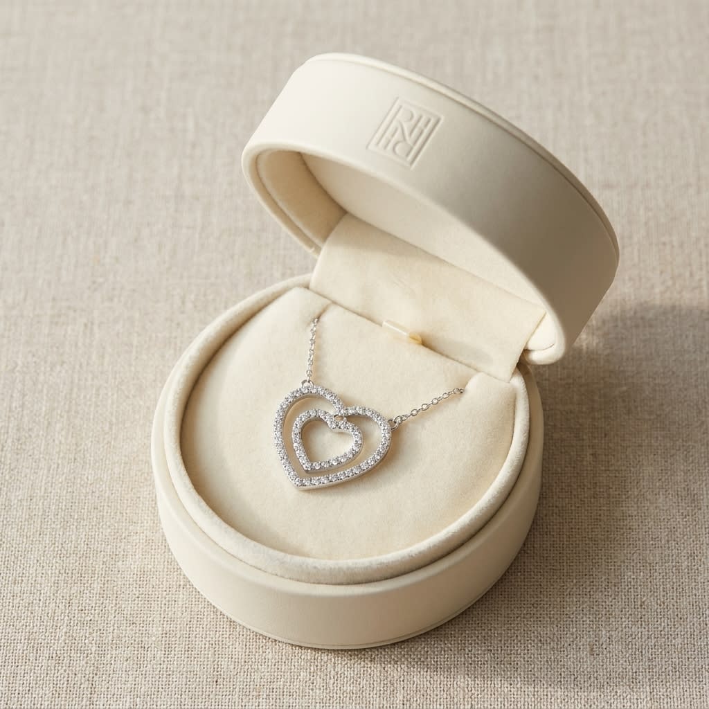Diamond Double Heart Frame Necklace in 14K White Gold, in navy velvet jewelry box