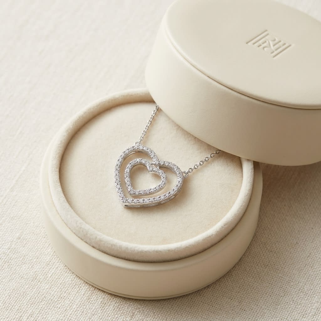 Diamond Double Heart Frame Necklace in 14K White Gold, in navy velvet jewelry box