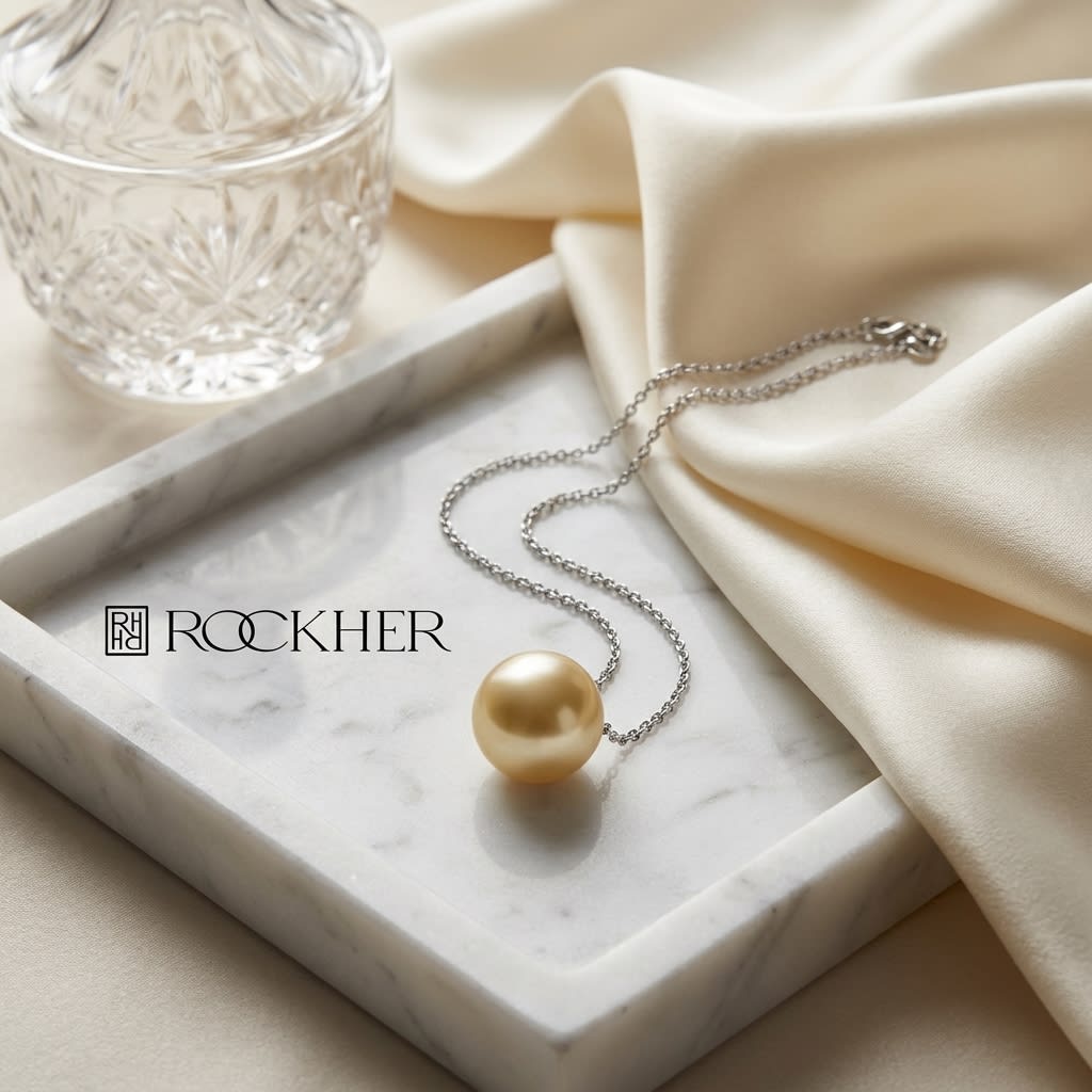 South Sea Pearl Pear Shape Pendant in 14K White Gold, on marble vanity tray with silk