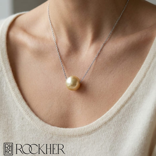 South Sea Pearl Pear Shape Pendant in 14K White Gold, worn close-up portrait