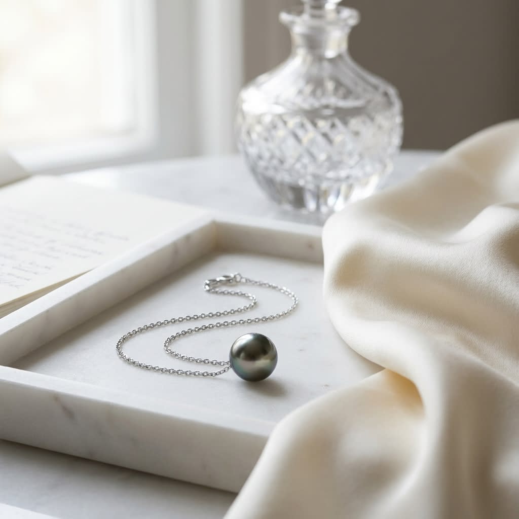 Black South Sea Pearl Floating Necklace in 14K White Gold, on marble vanity tray with silk