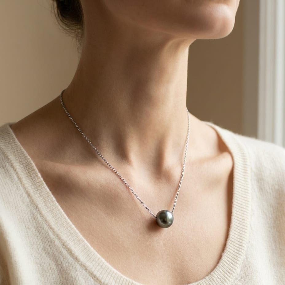 Black South Sea Pearl Floating Necklace in 14K White Gold, worn close-up portrait
