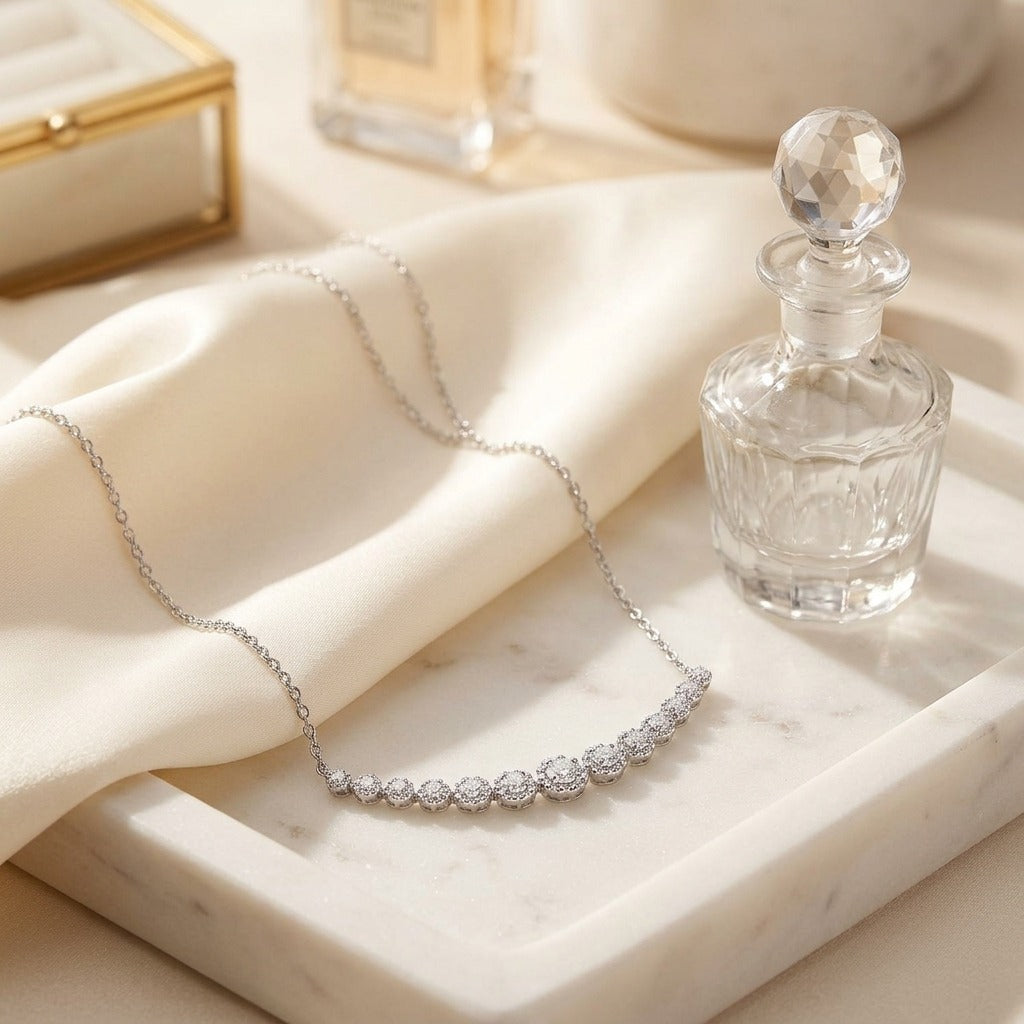 Diamond 13-Stone Floral Millgrained Necklace in 14K White Gold - editorial