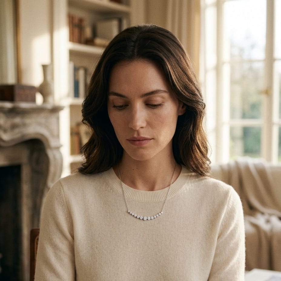 Diamond 13-Stone Floral Millgrained Necklace in 14K White Gold - lifestyle