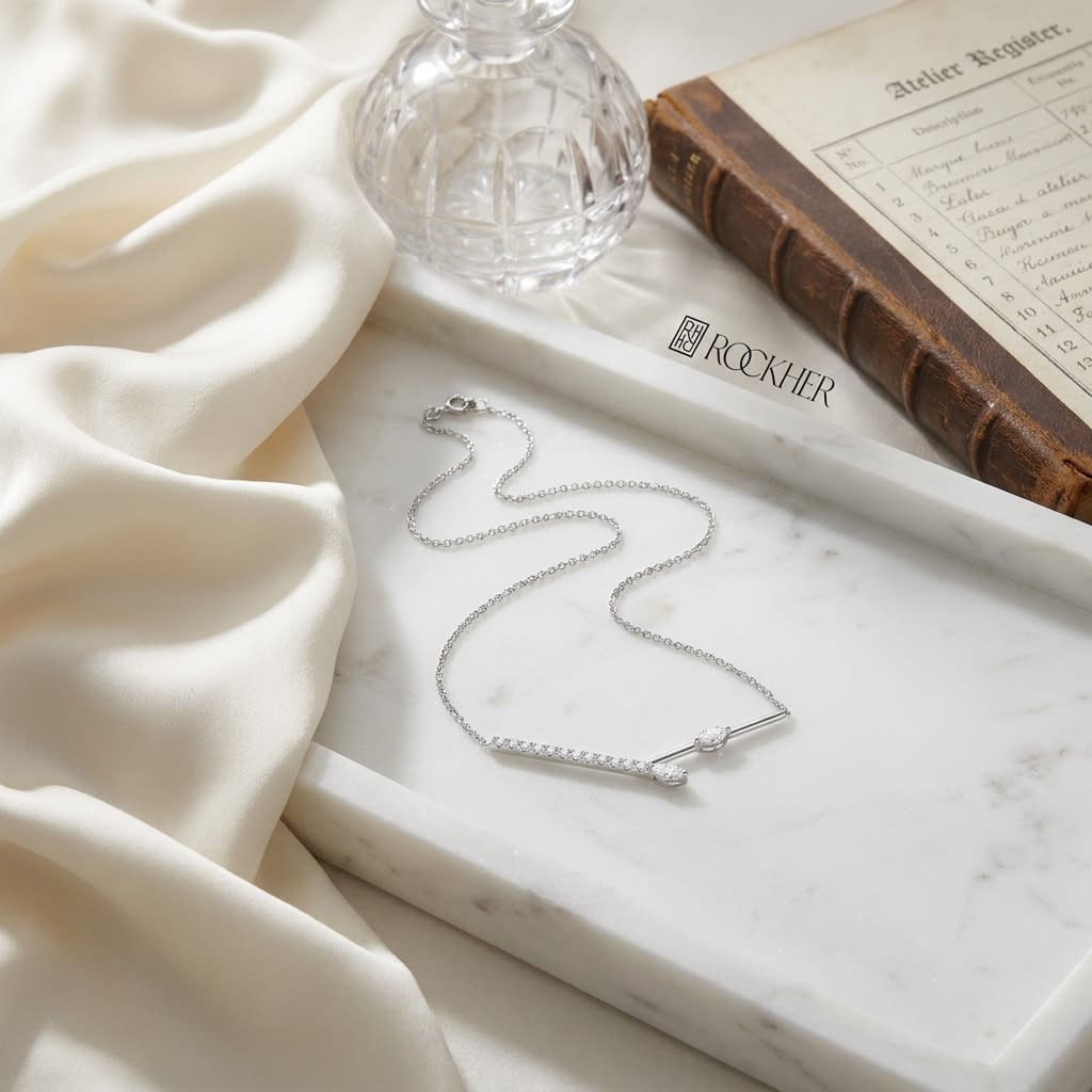 Diamond Melded Bars Necklace in 14K White Gold (1/3 Ct.tw.), on marble vanity tray with silk