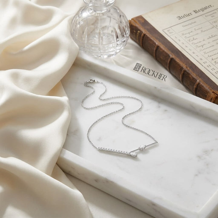 Diamond Melded Bars Necklace in 14K White Gold (1/3 Ct.tw.), on marble vanity tray with silk
