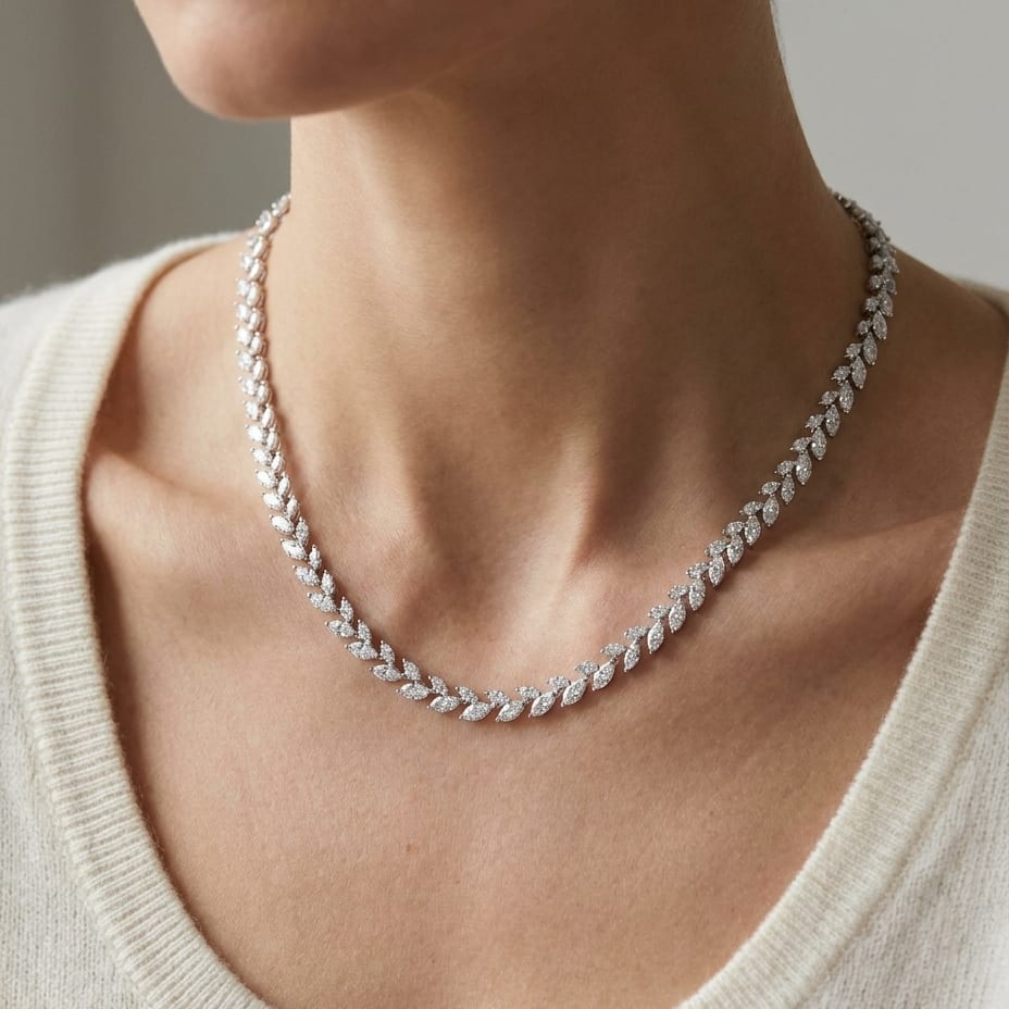 Diamond Laurel Leaf Necklace in 14K White Gold, worn close-up portrait
