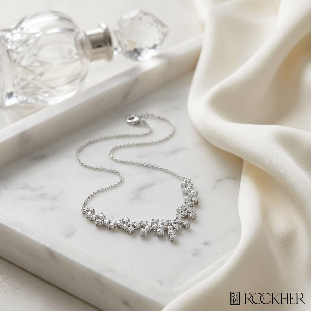 Diamond Prong-set Constellation Necklace in 14K White Gold, 16-18inch Adj Chain, on marble vanity tray with silk