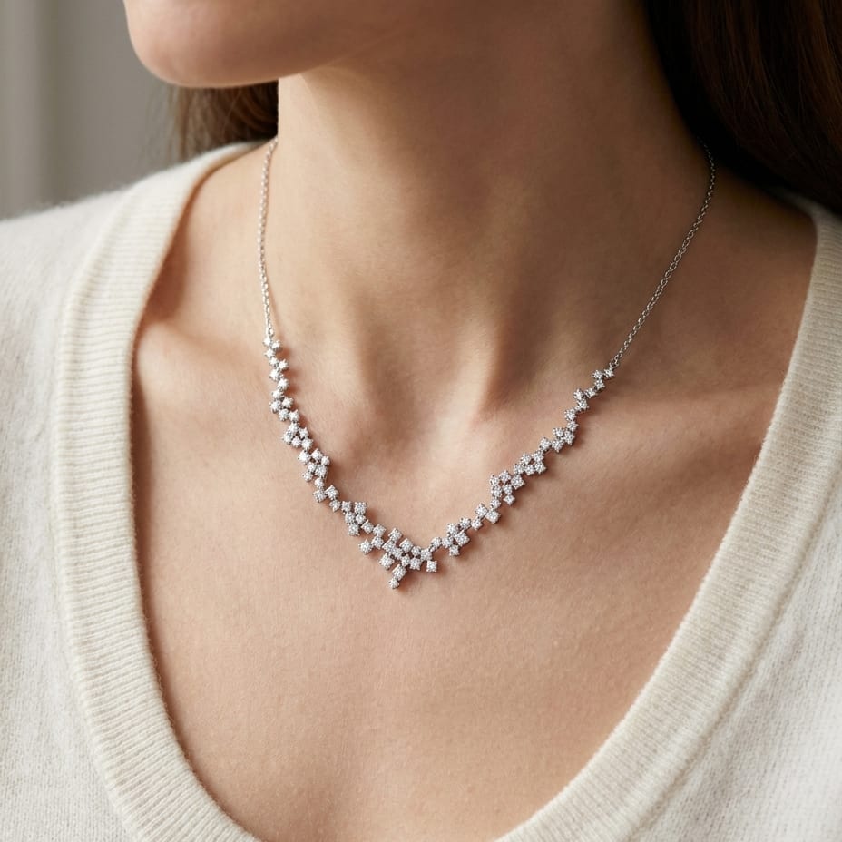 Diamond Prong-set Constellation Necklace in 14K White Gold, 16-18inch Adj Chain, worn close-up portrait