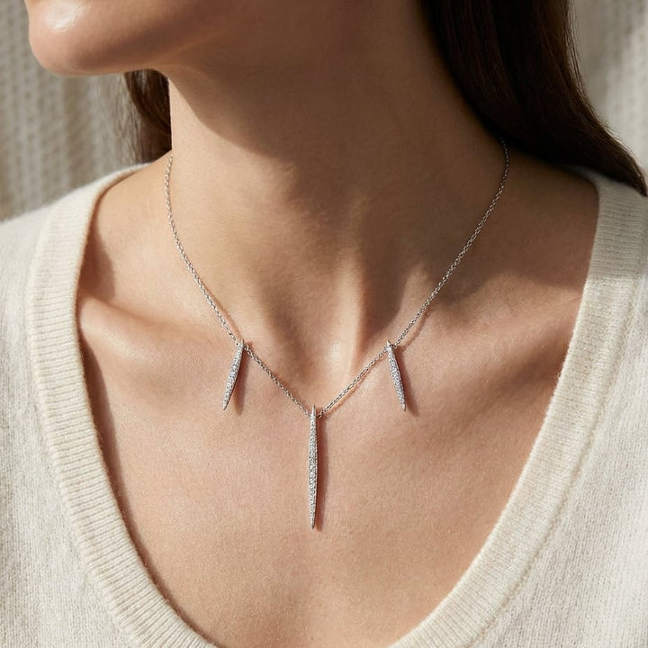Diamond Pave Icicles Necklace in 14K White Gold, worn close-up portrait
