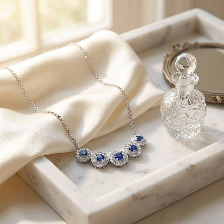 Sapphire & Diamond Graduated Curved Necklace in 14K White Gold - lifestyle