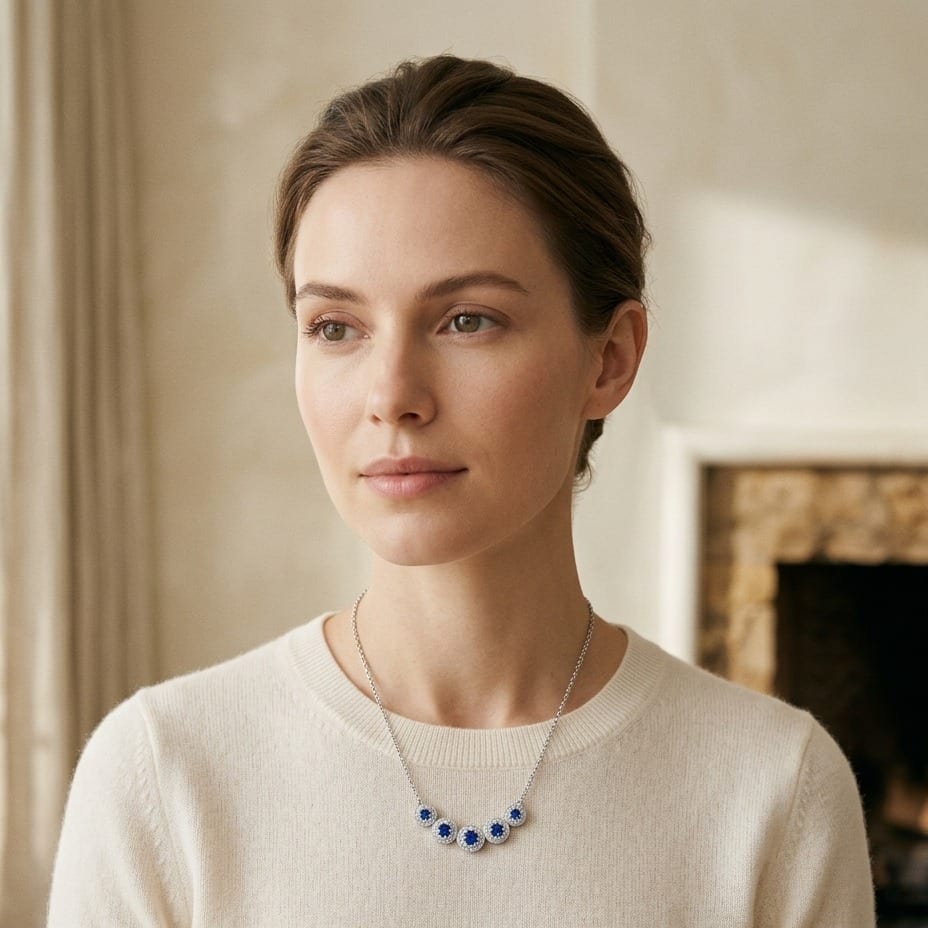 Sapphire & Diamond Graduated Curved Necklace in 14K White Gold - editorial