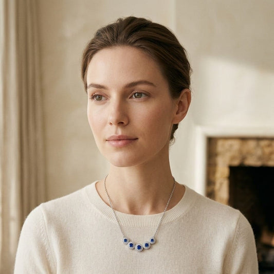 Sapphire & Diamond Graduated Curved Necklace in 14K White Gold - editorial