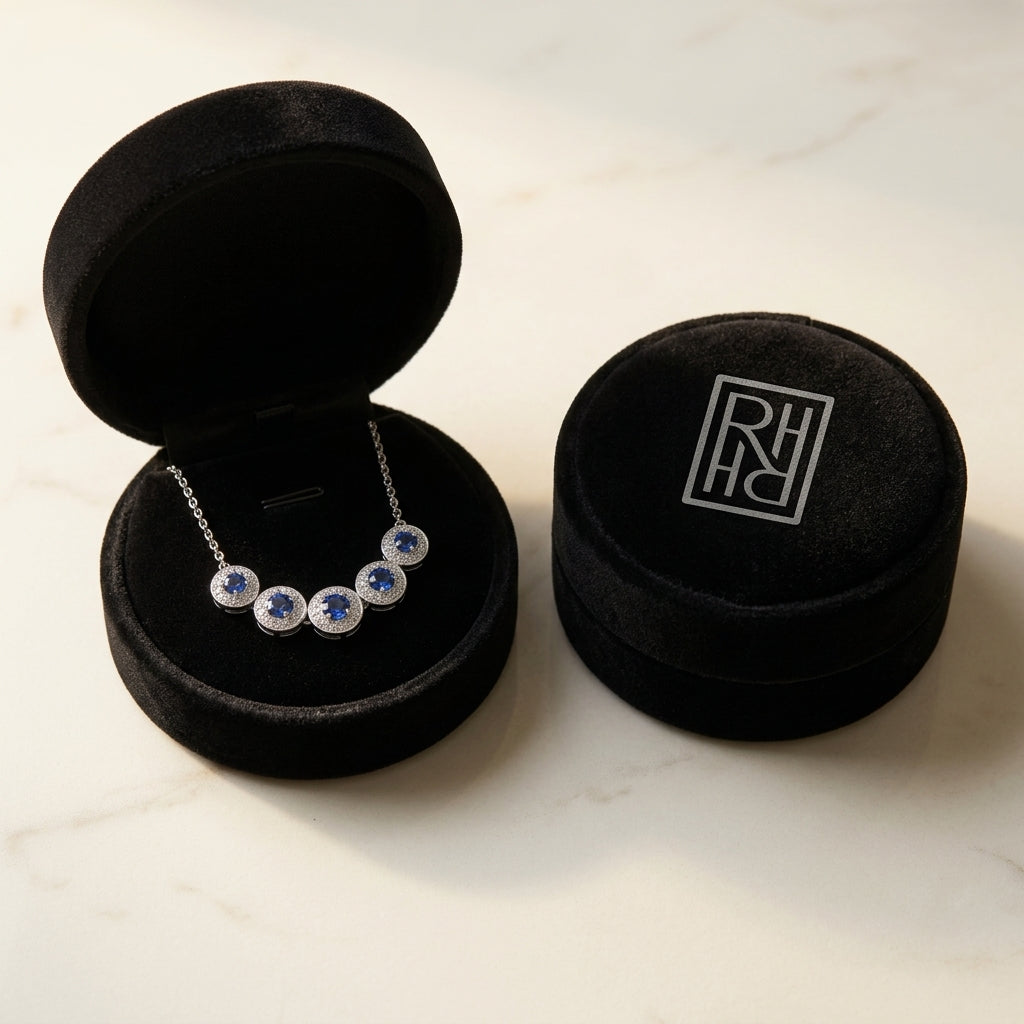 Sapphire & Diamond Graduated Curved Necklace in 14K White Gold - presentation