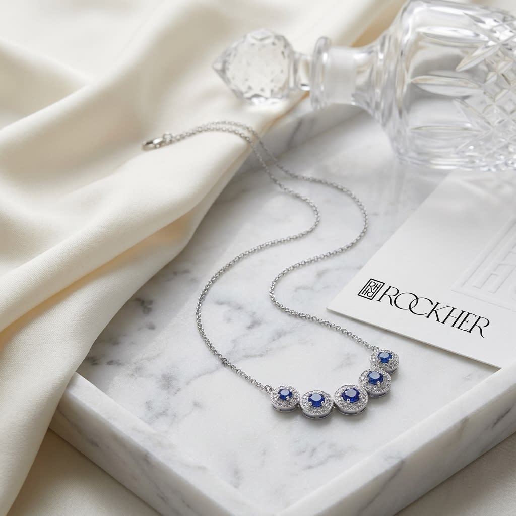 Sapphire And Diamond Graduated Curved Necklace in 14K White Gold, on marble vanity tray with silk