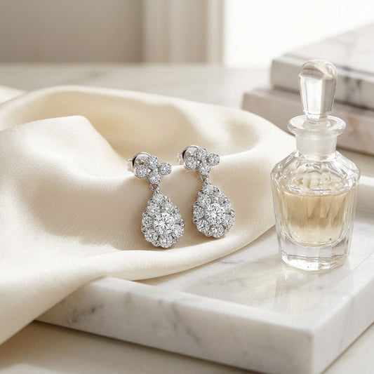 Diamond Cluster Teardrop Necklace with 4-Points Top , 16-18 Inch in 14K White Gold - editorial