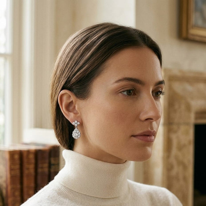 Diamond Cluster Teardrop Necklace with 4-Points Top , 16-18 Inch in 14K White Gold - lifestyle