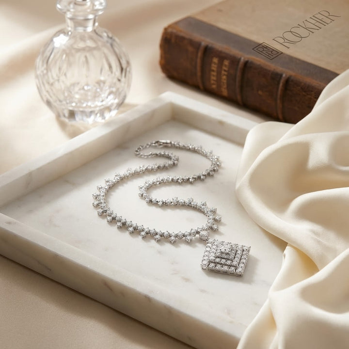 Diamond Prong-set Necklace With Drop Accents in 14K White Gold (3.15ctw), on marble vanity tray with silk