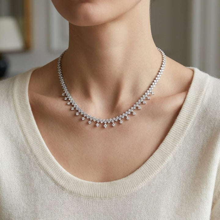 Diamond Prong-set Necklace With Drop Accents in 14K White Gold (3.15ctw), worn close-up portrait