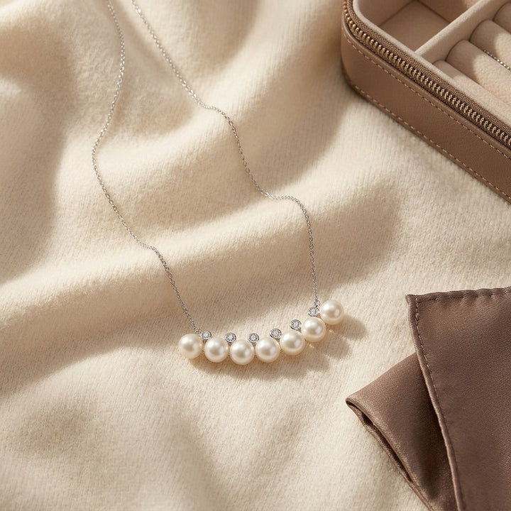 Freshwater Pearl Bar Necklace , 16-18 Inch Chain in 14K White Gold - flat lay