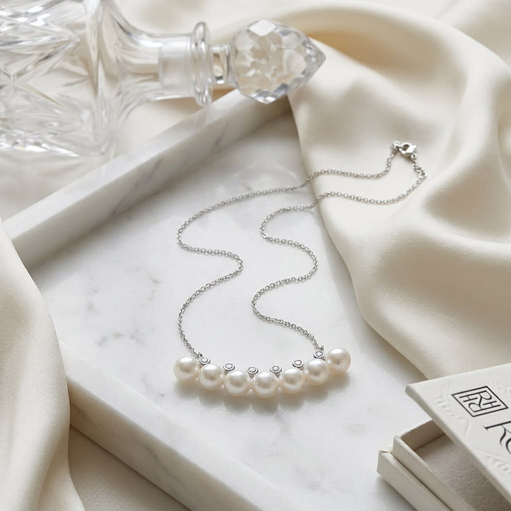 Freshwater Pearl Bar Necklace in 14K White Gold, 16-18 Inch Chain, on marble vanity tray with silk