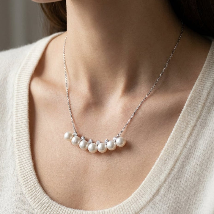 Freshwater Pearl Bar Necklace in 14K White Gold, 16-18 Inch Chain, worn close-up portrait