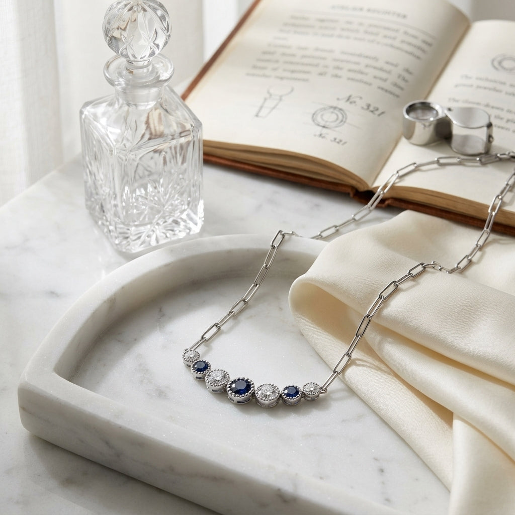 Sapphire & Diamond Graduated 7-Stone Necklace with Millgrained Edging in 14K White Gold - lifestyle