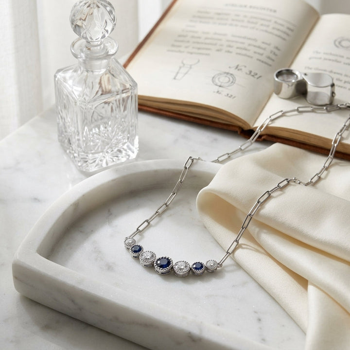 Sapphire & Diamond Graduated 7-Stone Necklace with Millgrained Edging in 14K White Gold - lifestyle