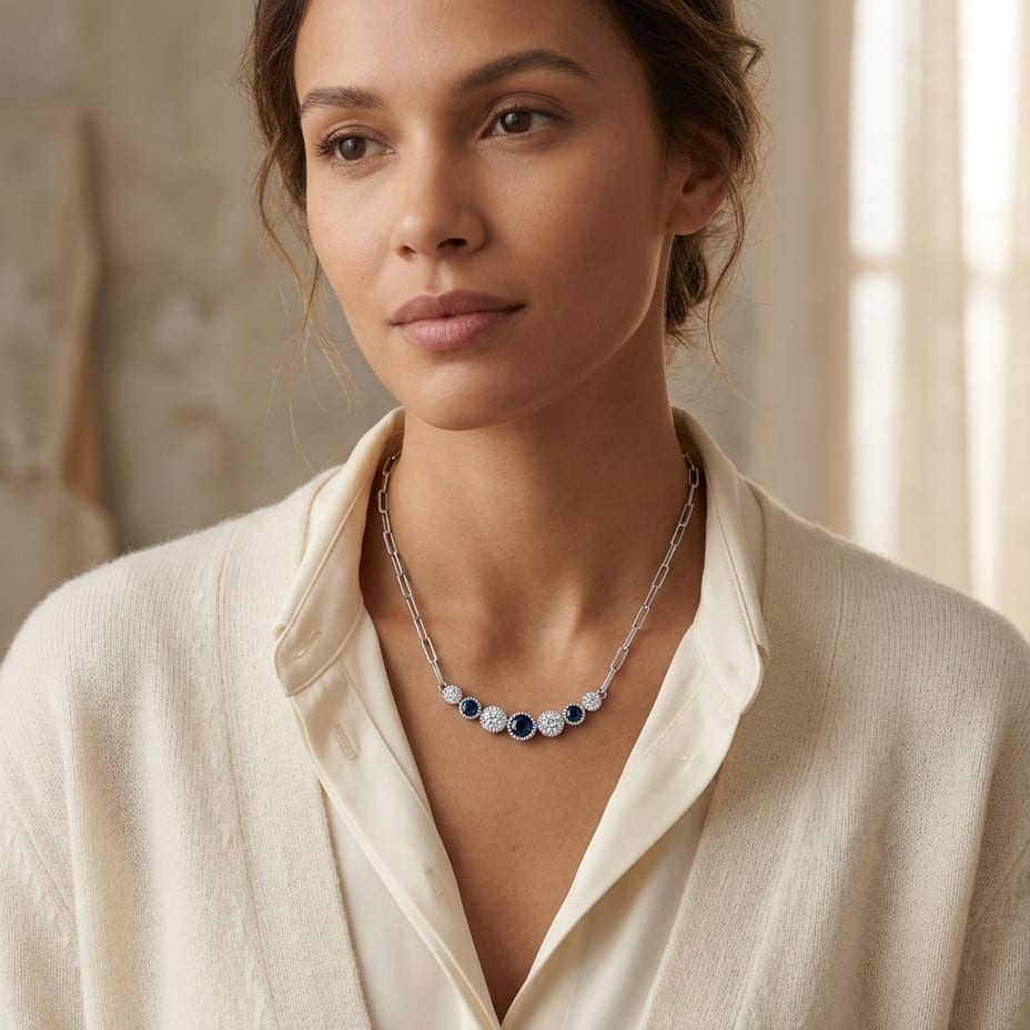 Sapphire & Diamond Graduated 7-Stone Necklace with Millgrained Edging in 14K White Gold - on model