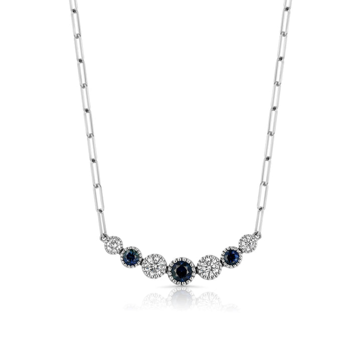 Sapphire And Diamond Graduated 7-stone Necklace With Millgrained Edging in 14K White Gold – front view | RockHer