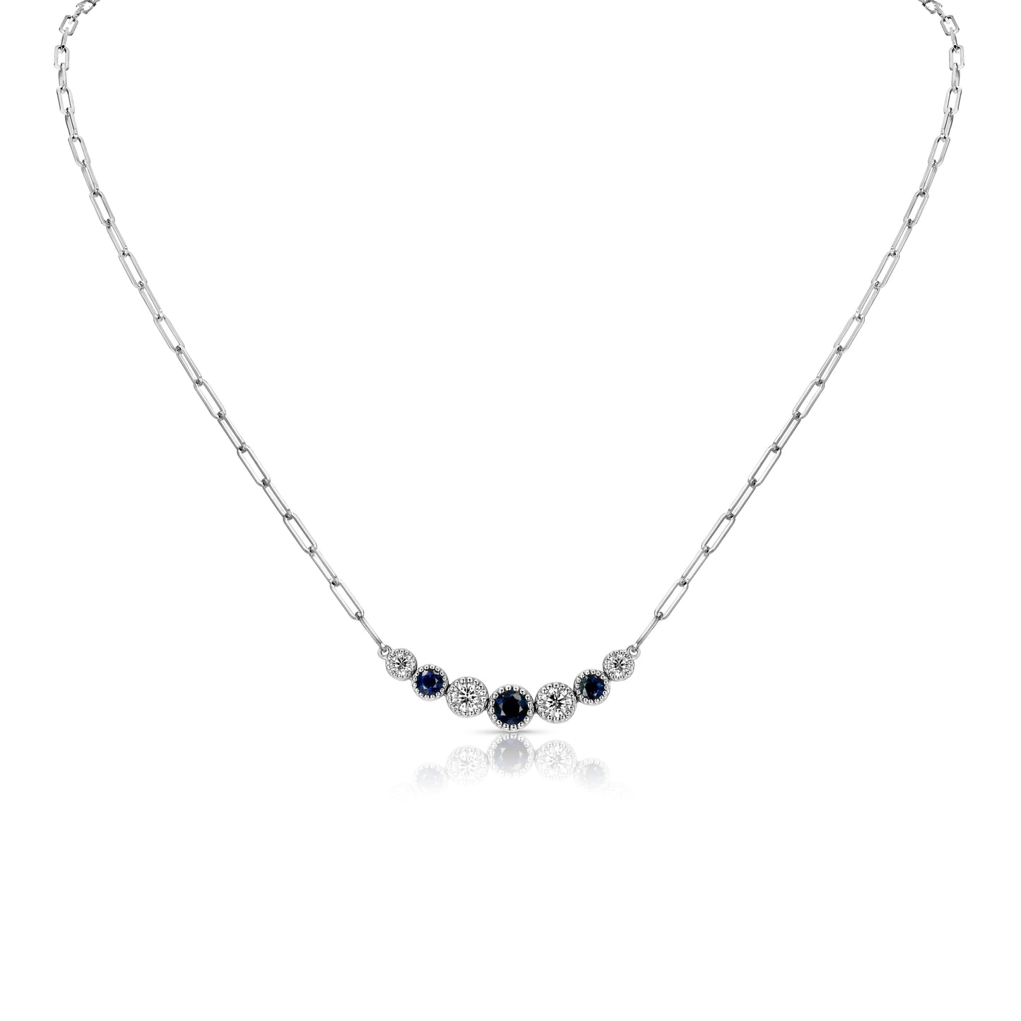 Sapphire And Diamond Graduated 7-stone Necklace With Millgrained Edging in 14K White Gold – front view | RockHer