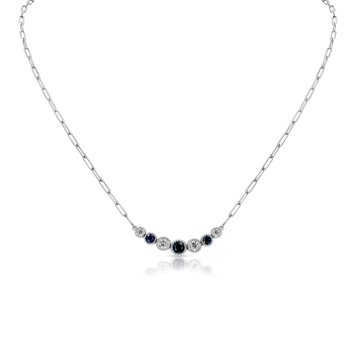 Sapphire And Diamond Graduated 7-stone Necklace With Millgrained Edging in 14K White Gold – front view | RockHer