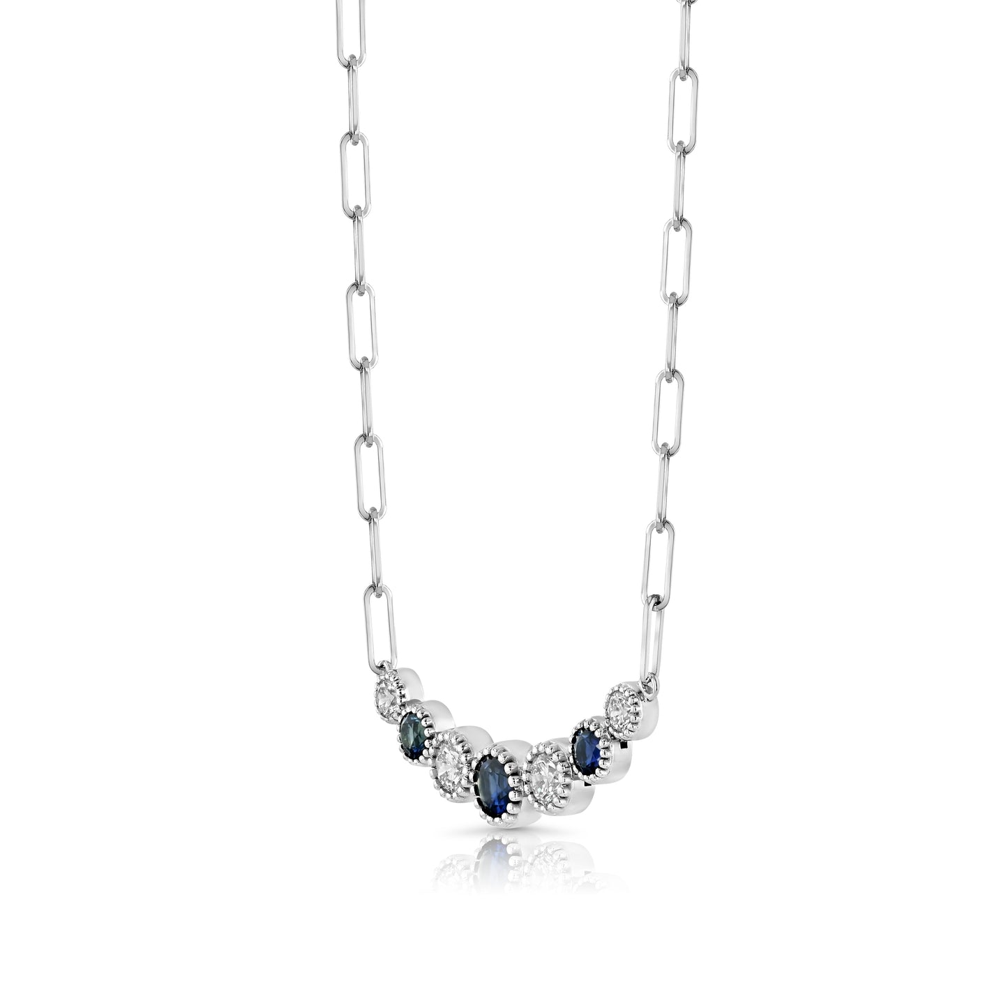 Sapphire And Diamond Graduated 7-stone Necklace With Millgrained Edging in 14K White Gold – side profile | RockHer