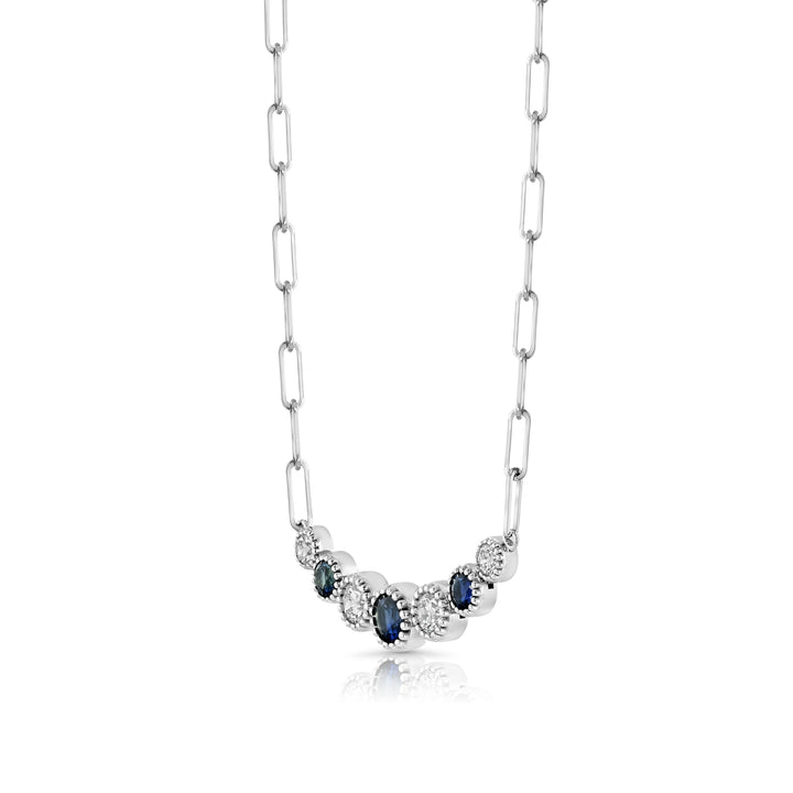 Sapphire And Diamond Graduated 7-stone Necklace With Millgrained Edging in 14K White Gold – side profile | RockHer