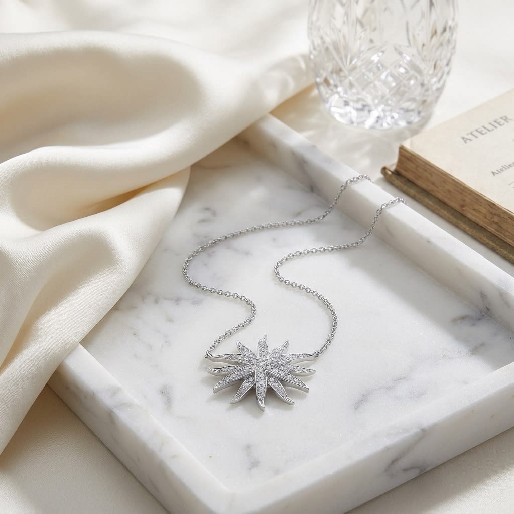 Diamond Pave Aqua Star Necklace in 14K White Gold, 16-18 Inch Adj Chain, on marble vanity tray with silk