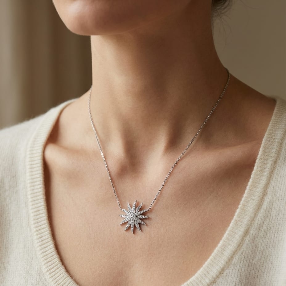 Diamond Pave Aqua Star Necklace in 14K White Gold, 16-18 Inch Adj Chain, worn close-up portrait